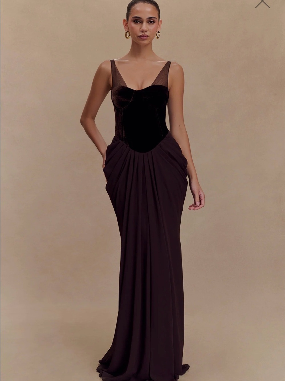 MeshKi Roxanne brown velvet corset maxi dress NWT size XS D35